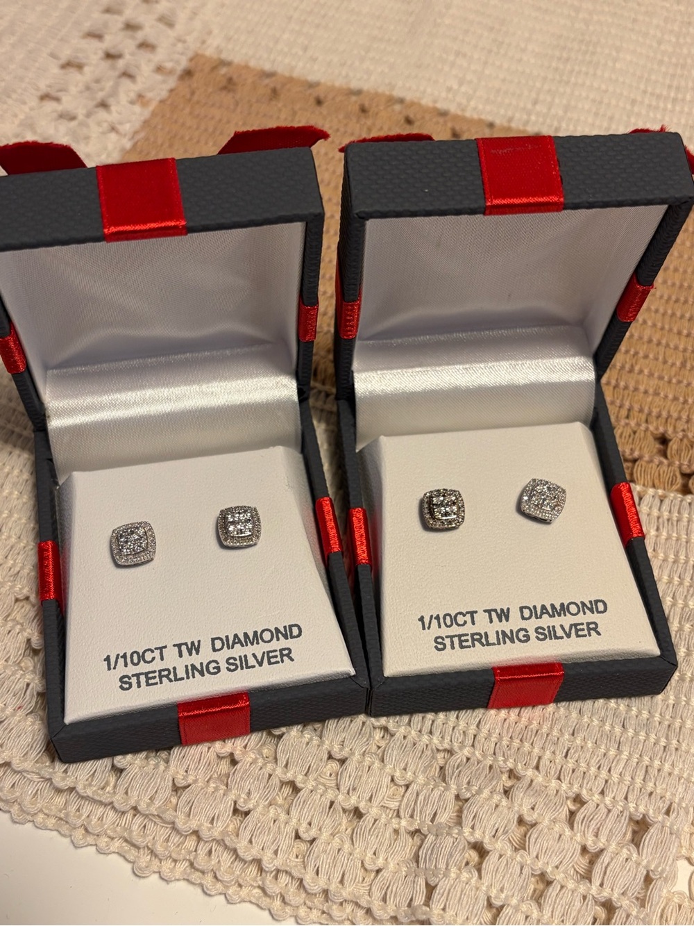 2 Pairs 1/10 CT TW Diamond Sterling Silver Stud Earrings New w/ Gift Boxes